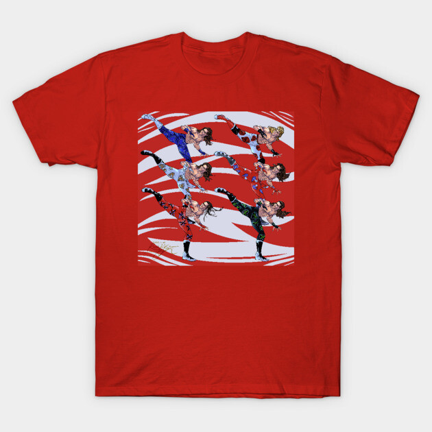 Red graphic T-shirt with martial arts design, unisex casual wear, soft cotton material. Perfect for everyday style.