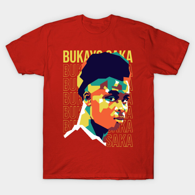 Red graphic T-shirt with abstract face design, bold text background, casual wear, 100% cotton, unisex.