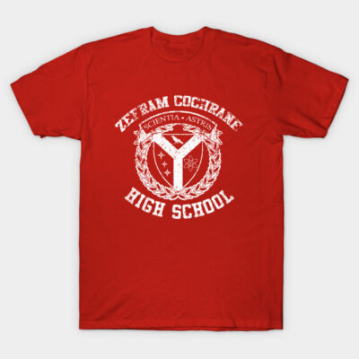 Red high school themed T-shirt with vintage white crest design, ideal for casual wear, made from soft cotton fabric.