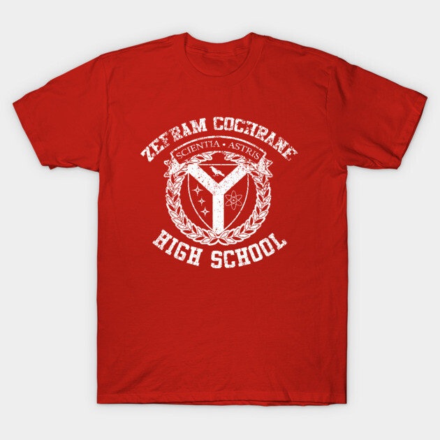 Red high school themed T-shirt with vintage white crest design, ideal for casual wear, made from soft cotton fabric.