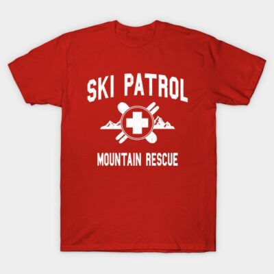 Red "Ski Patrol Mountain Rescue" T-shirt, featuring white graphic print, ideal for winter sports enthusiasts.