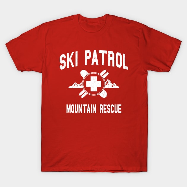 Red "Ski Patrol Mountain Rescue" T-shirt, featuring white graphic print, ideal for winter sports enthusiasts.