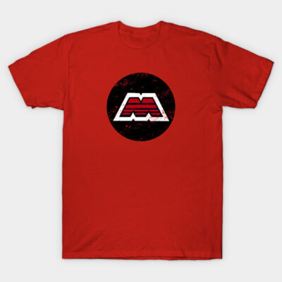 Red cotton t-shirt with a vintage-inspired graphic logo on the front, perfect for casual wear.