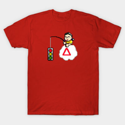 Red cotton t-shirt featuring a pixel art design with a character fishing and a traffic light. Casual and fun style.