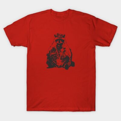 Red t-shirt featuring a crowned raccoon graphic, casual style, made from soft cotton for everyday wear.