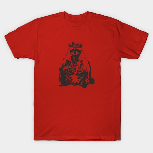 Red t-shirt featuring a crowned raccoon graphic, casual style, made from soft cotton for everyday wear.