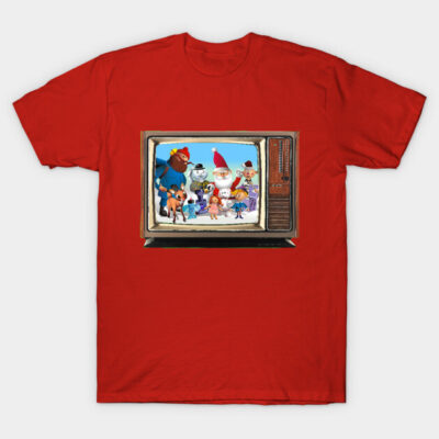 Red t-shirt with vintage TV and colorful holiday characters print, casual style, cotton fabric.