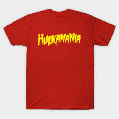 Red "Hulkamania" T-shirt with bold yellow lettering, casual style, ideal for fans, soft cotton material.