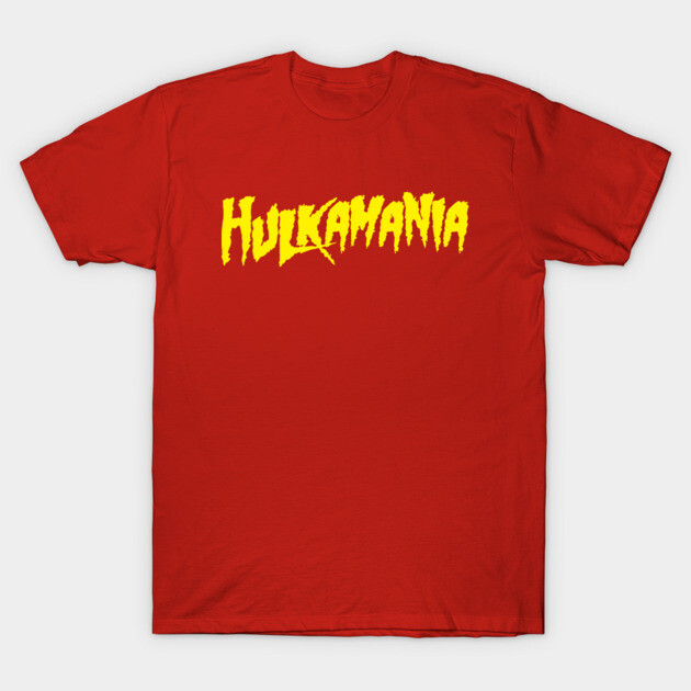 Red "Hulkamania" T-shirt with bold yellow lettering, casual style, ideal for fans, soft cotton material.