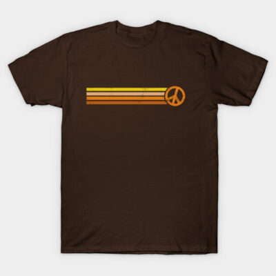Brown T-shirt with retro orange and yellow stripes and peace symbol design, casual style, cotton fabric
