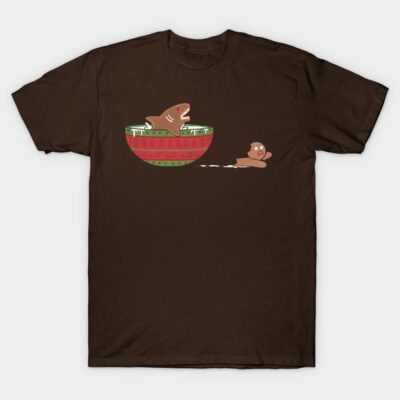 Brown t-shirt with humorous shark and gingerbread man design, perfect for casual wear and holiday-themed outfits.