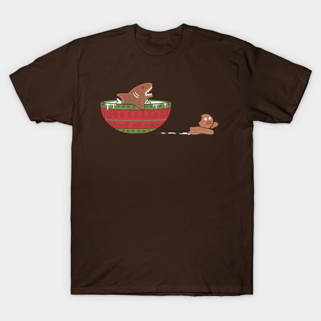 Brown t-shirt with humorous shark and gingerbread man design, perfect for casual wear and holiday-themed outfits.
