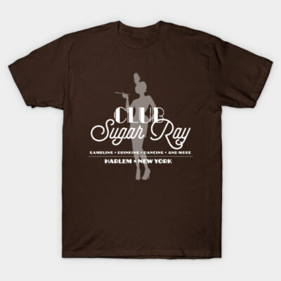 Brown "Club Sugar Ray" graphic t-shirt featuring vintage style, perfect for casual wear, 100% cotton material.