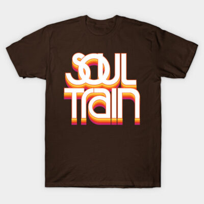 Brown "Soul Train" graphic t-shirt, retro style, casual wear, 100% cotton.