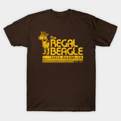 Brown T-shirt with yellow "Regal Beagle" graphic, casual style, ideal for everyday wear, cotton material.
