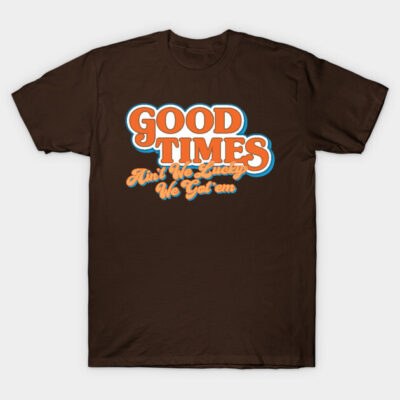Brown T-shirt with "Good Times" printed in retro style, ideal for casual wear. Soft fabric for comfort.