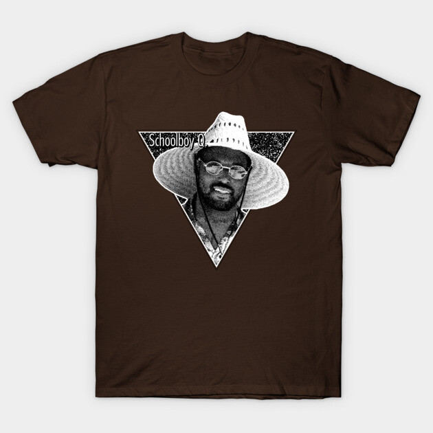 Brown graphic t-shirt featuring a geometric design with a black and white portrait, perfect for casual wear.