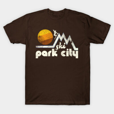 Brown "Ski Park City" graphic t-shirt, retro design, casual wear, cotton blend, winter sports theme.
