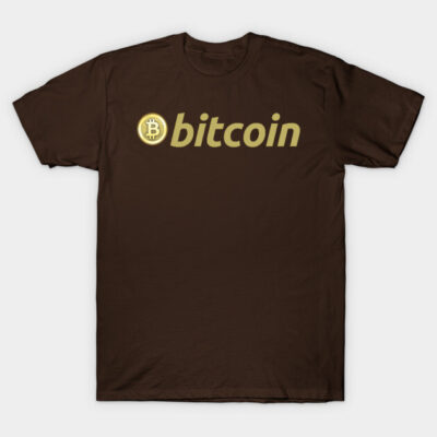 Brown Bitcoin logo t-shirt, casual style, cotton material, ideal for cryptocurrency enthusiasts.