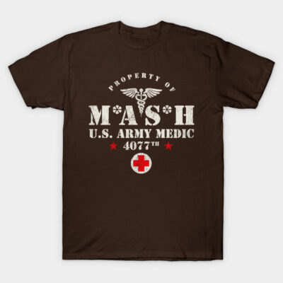 Brown MASH U.S. Army Medic T-shirt, vintage style, 100% cotton, casual wear, military-inspired graphic print.