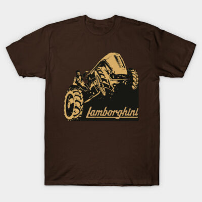 Brown t-shirt featuring vintage tractor graphic and Lamborghini logo, casual style, cotton material, unisex design.