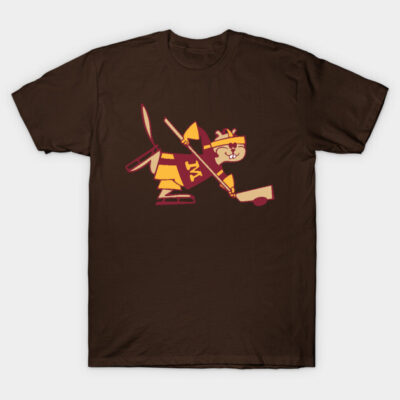 Brown t-shirt with playful hockey-playing animal graphic, casual wear, cotton fabric, ideal for sports enthusiasts.