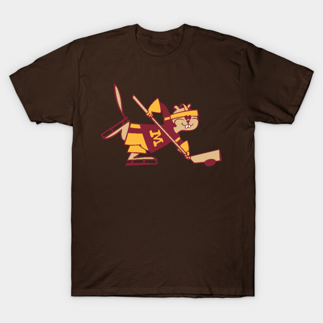 Brown t-shirt with playful hockey-playing animal graphic, casual wear, cotton fabric, ideal for sports enthusiasts.