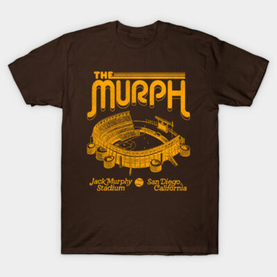 Brown t-shirt with yellow retro stadium design, featuring "The Murph" and "Jack Murphy Stadium, San Diego, California."