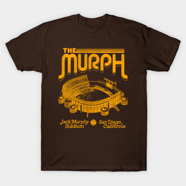 Brown t-shirt with yellow retro stadium design, featuring "The Murph" and "Jack Murphy Stadium, San Diego, California."