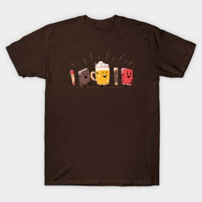 Brown T-shirt with playful drink and book graphic design, perfect for casual wear.