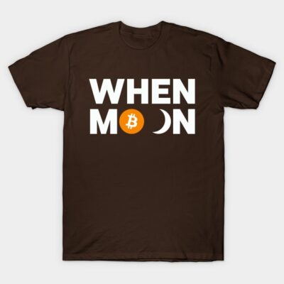 Brown t-shirt with "When Moon" print, featuring a Bitcoin symbol. Casual style, ideal for cryptocurrency enthusiasts.