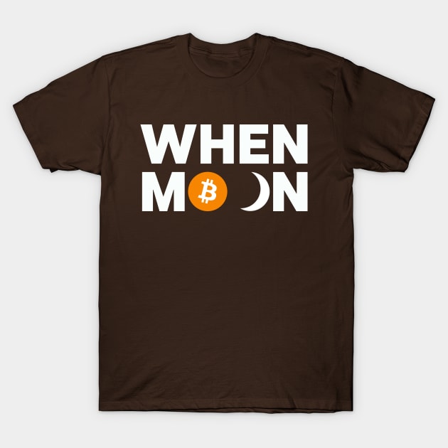 Brown t-shirt with "When Moon" print, featuring a Bitcoin symbol. Casual style, ideal for cryptocurrency enthusiasts.