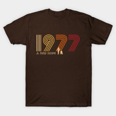 Brown "1977 A New Hope" graphic t-shirt, retro style, casual wear, cotton material.