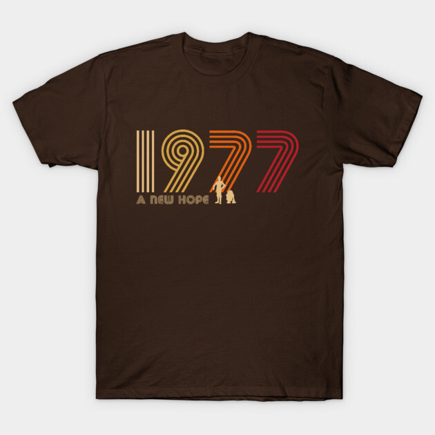 Brown "1977 A New Hope" graphic t-shirt, retro style, casual wear, cotton material.