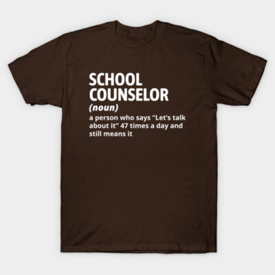 Brown t-shirt with "School Counselor" definition text, casual style, ideal for educational professionals, cotton fabric.