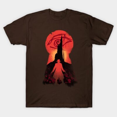 Brown graphic t-shirt with red and black artistic design, 100% cotton, casual wear, unisex, round neck.