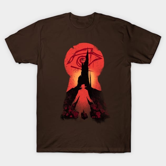 Brown graphic t-shirt with red and black artistic design, 100% cotton, casual wear, unisex, round neck.