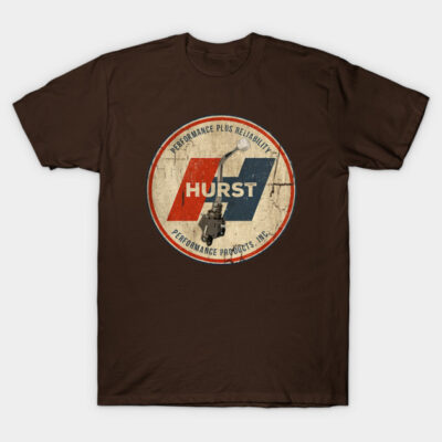 Brown vintage t-shirt with retro "Hurst" logo, ideal for casual wear. Cotton material, comfortable and stylish design.