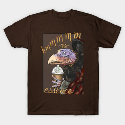 Brown graphic t-shirt featuring a detailed bird design with a coffee cup, perfect for casual wear or gifting.