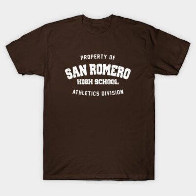 Brown San Romero High School t-shirt with athletic division print, casual style, cotton material, unisex design.