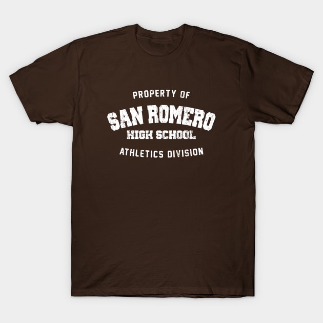 Brown San Romero High School t-shirt with athletic division print, casual style, cotton material, unisex design.
