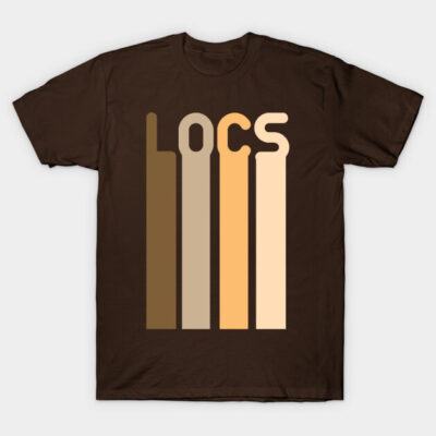 Brown t-shirt with "Locs" graphic in vertical stripes, casual style, 100% cotton, unisex. Perfect for everyday wear.