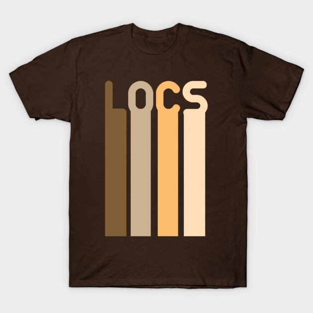 Brown t-shirt with "Locs" graphic in vertical stripes, casual style, 100% cotton, unisex. Perfect for everyday wear.