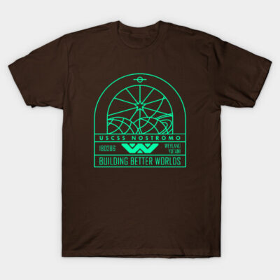 Brown graphic T-shirt with neon design, featuring futuristic text and shapes, perfect for casual wear.