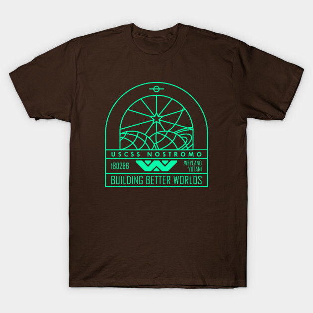 Brown graphic T-shirt with neon design, featuring futuristic text and shapes, perfect for casual wear.