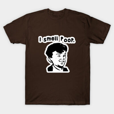 Brown graphic t-shirt with humorous "I smell poop" text and cartoon illustration, casual wear, cotton fabric.