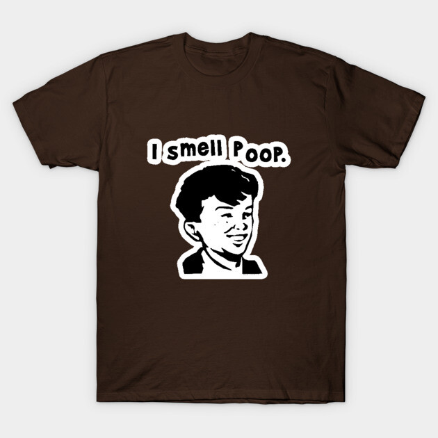Brown graphic t-shirt with humorous "I smell poop" text and cartoon illustration, casual wear, cotton fabric.