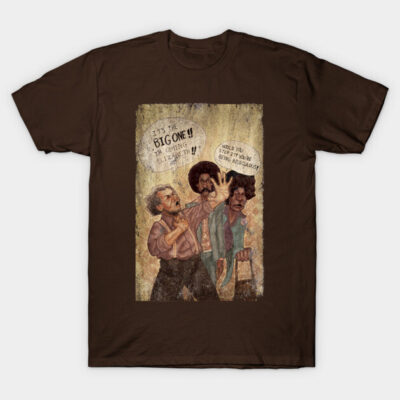 Brown graphic t-shirt with retro cartoon design, casual unisex style, 100% cotton, perfect for everyday wear.