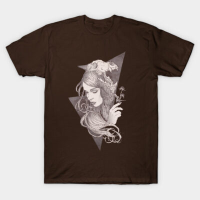 Brown graphic tee featuring a mystical woman with a skull, floral elements; ideal for casual wear, soft cotton material.