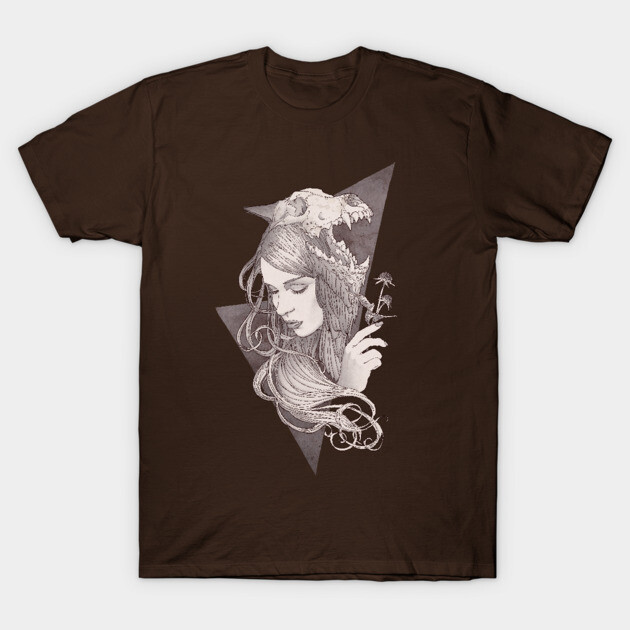Brown graphic tee featuring a mystical woman with a skull, floral elements; ideal for casual wear, soft cotton material.